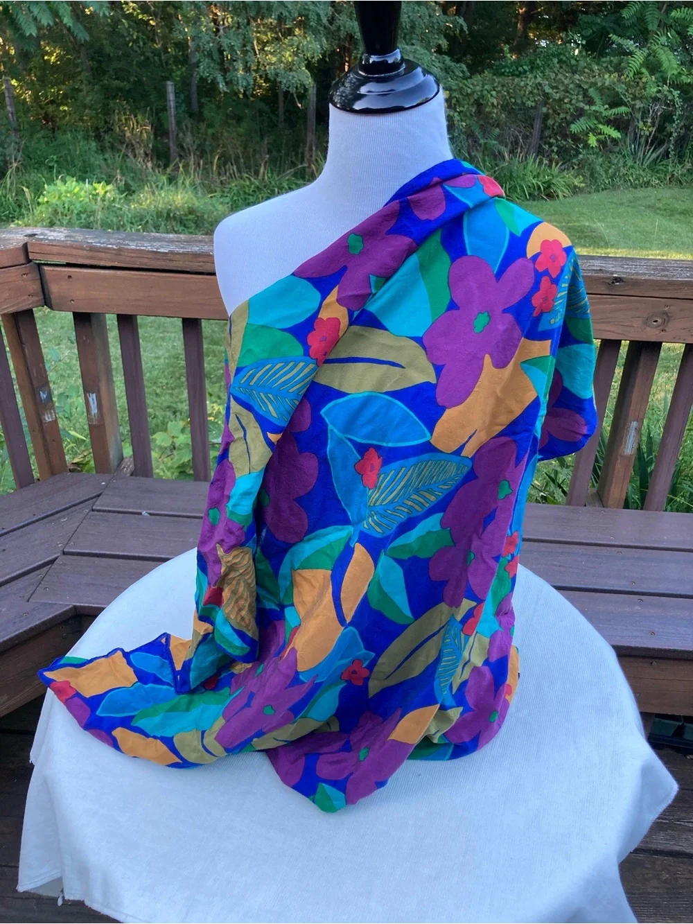 Vintage 80s 90s Large Square Silk Feel Tropical Floral Scarf 34” Colorful